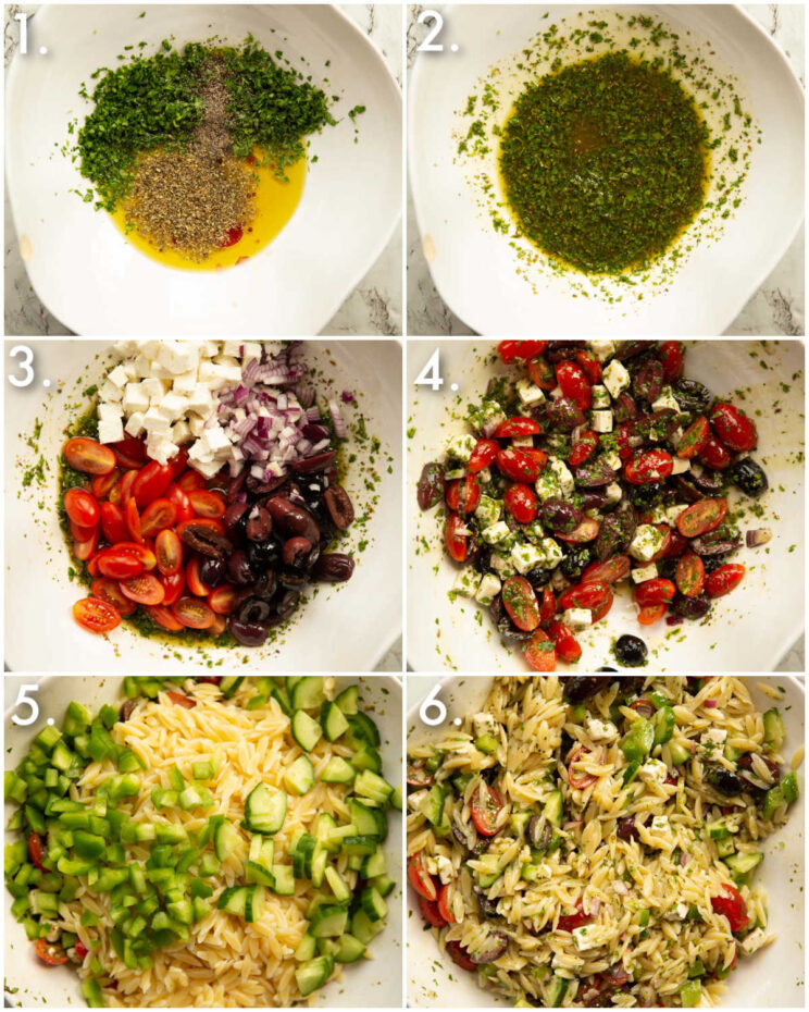 6 fotos passo a passo mostrando como fazer salada de macarrão orzo grega